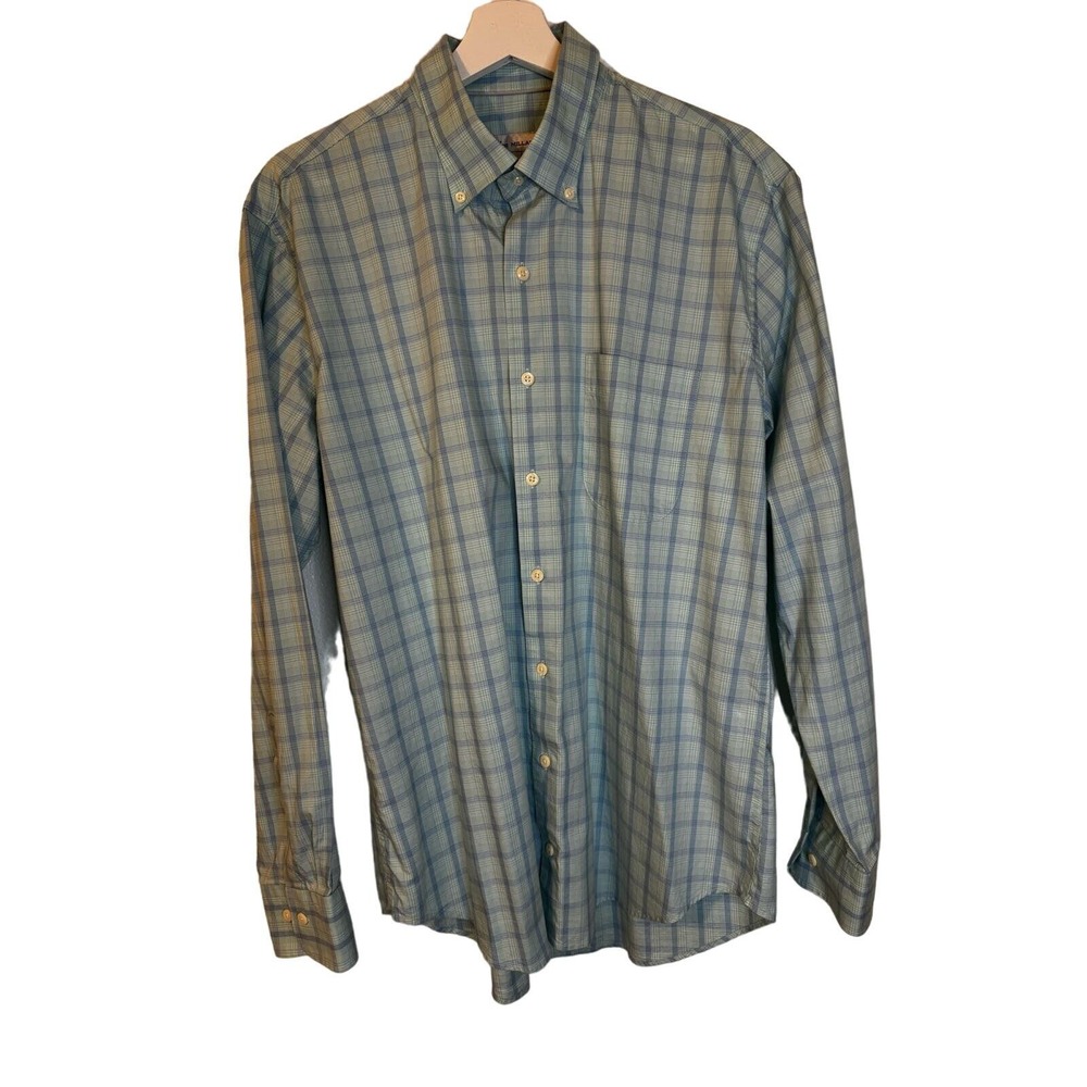 Peter Millar Button Down Shirt Long‎ Sleeve Plaid Blue Cotton Silk Blend Large